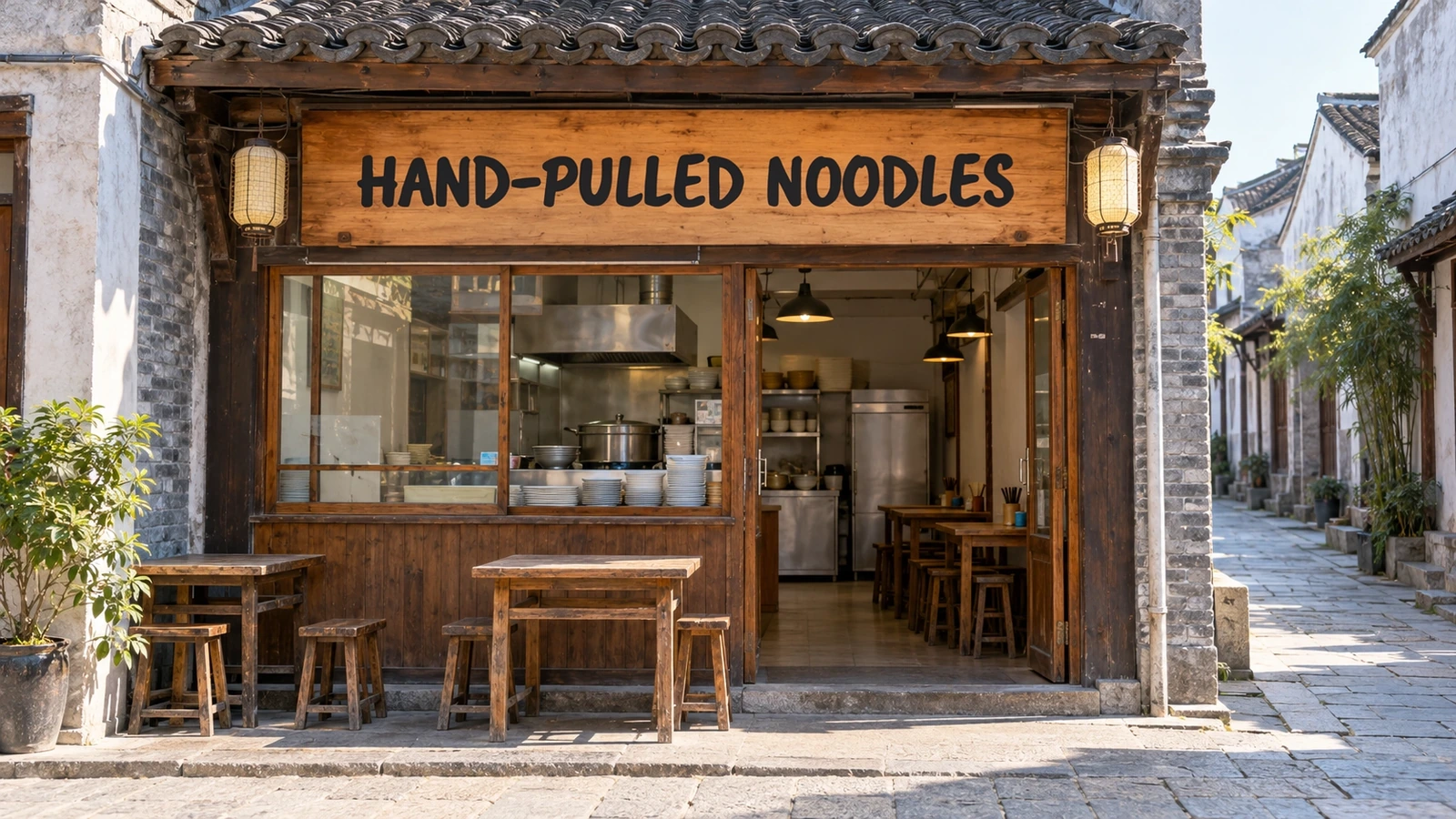Letrero de restaurante de fideos traducido del chino al inglés conservando el trazo