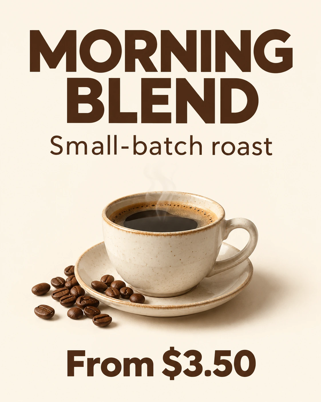 Cartel de cafetería con MORNING BLEND, Small-batch roast y From $3.50